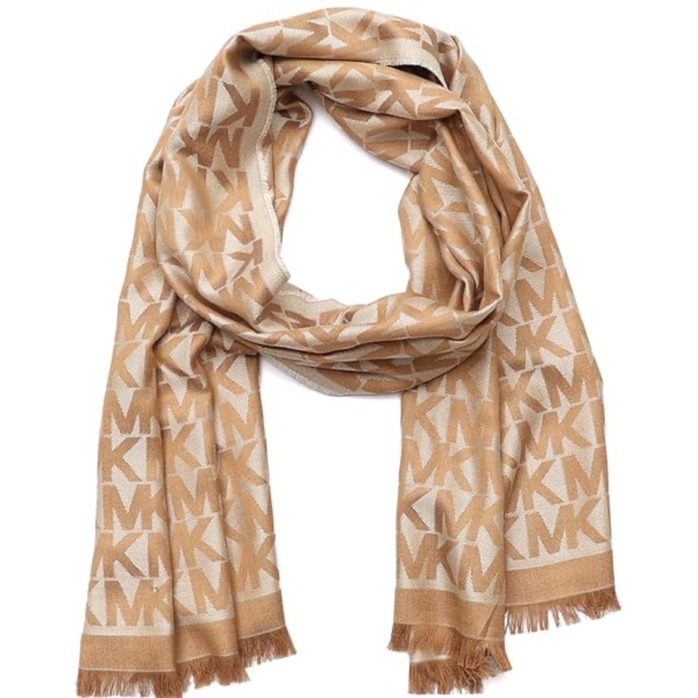 MICHAEL KORS MK Repeating Logo Scarf Tan Silk Wrap 535414 NWT